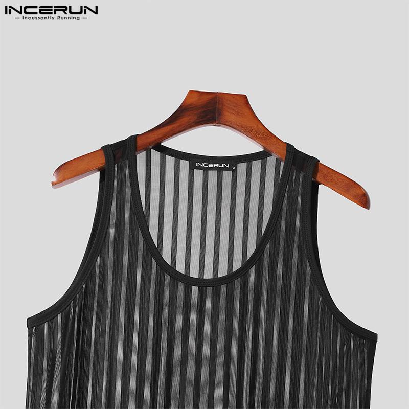 INCERUN Men Sleeveless See Through Vest Mesh Striped Tank Tops