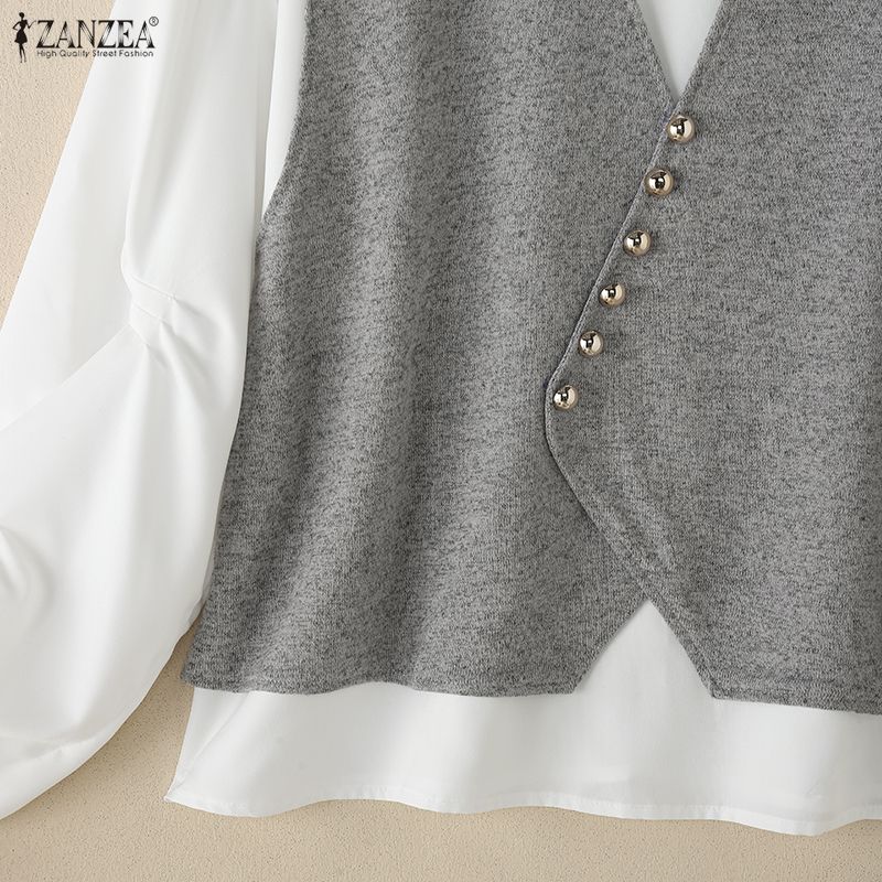 ZANZEA Women Casual Round Neck Long Sleeve Loose Patchwork Blouse