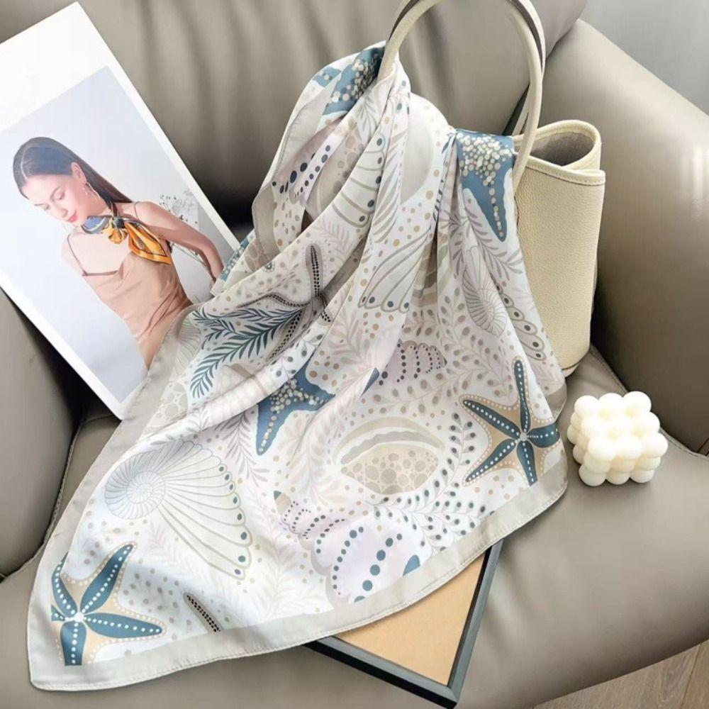Conch Small Square Scarf Sea Star Shell Silk Scarf All-match Starfish Print Scarf Outdoor