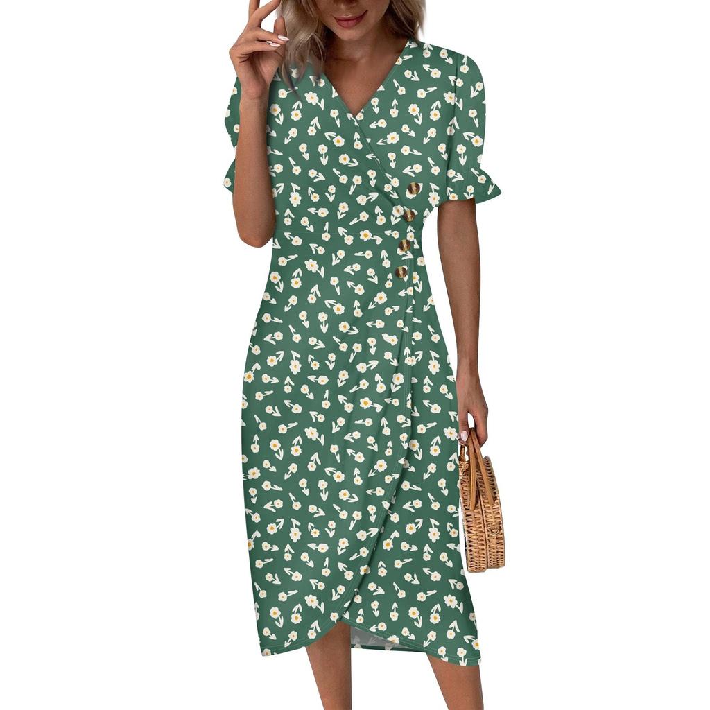 Women's V-neck Puff Sleeve Irregular Flower Print Hem Dress