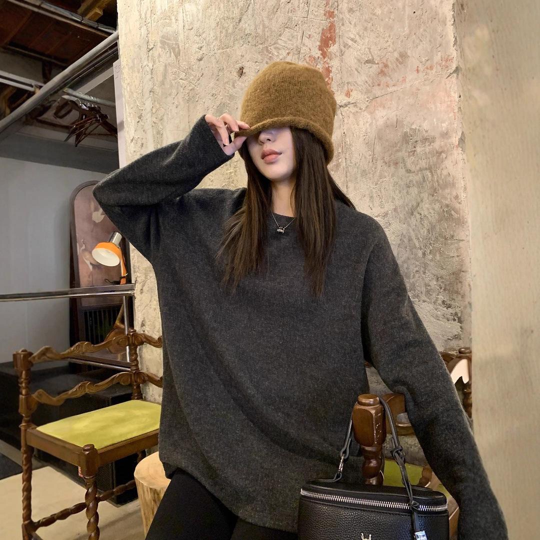 

Acrylic 80 elastane 3 nylon 17 solid color crew neck women s autumn and winter new loose and versatile inner XL темно-сірий