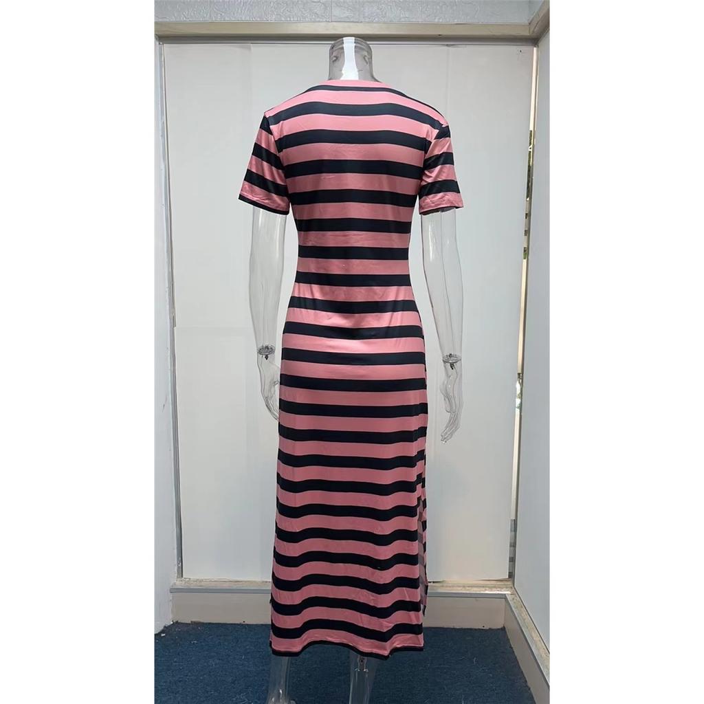 Women's Dress Short-sleeved V-neck Loose Striped Print Slit Long Dress