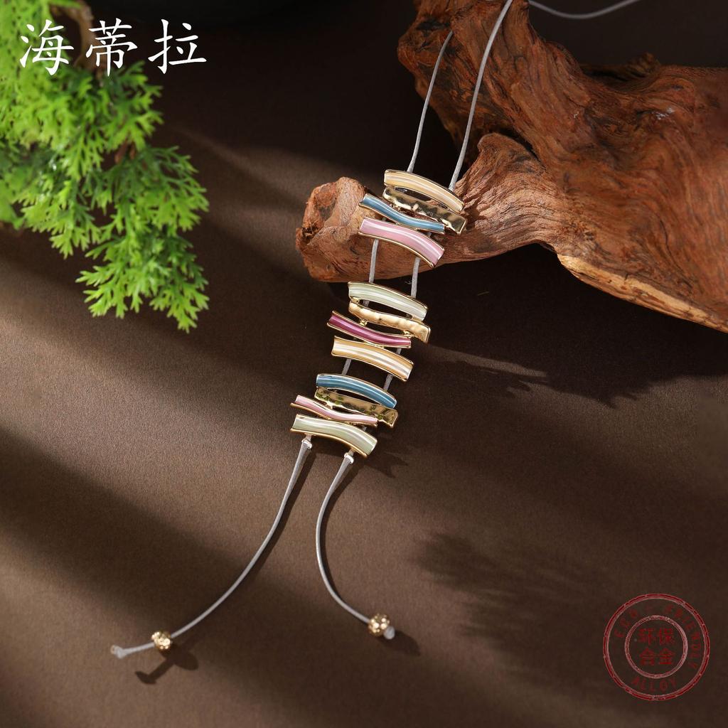 New Color Oil Geometric Lines Tassel Long Necklace, Women's Retro High-end Leather Rope Long Pendant