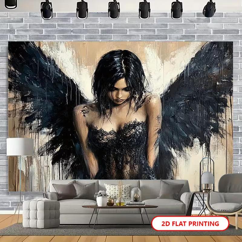 

2D Flat Printed Gothic Angel Tapestry, Black Winged Woman Art Background Cloth for Home Decor 47.2x31.5inch/120*80cm
