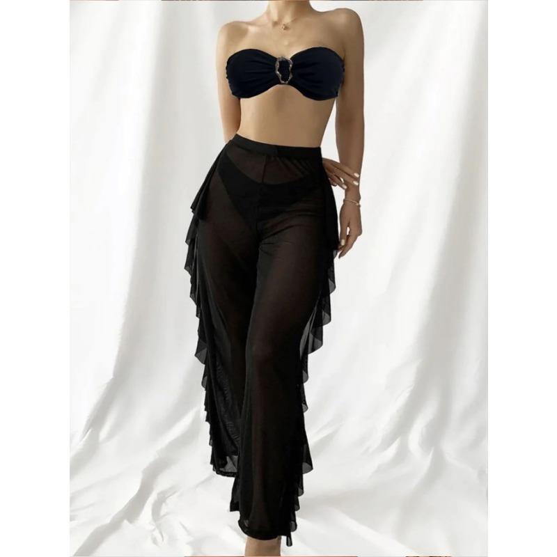 Swimsuit 3-piece Tube Top Metal Bra, Bikini Set Mesh See-through Beach Trousers Three Pieces