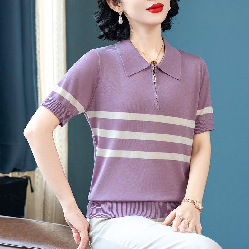 Women s Striped Ice Silk Knit Short Sleeve Summer Top 2026 L (80-100 pounds) фиолетовый