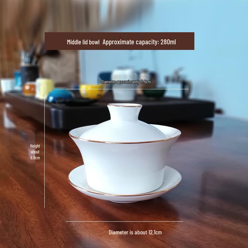 Bone China Small White Gaiwan Tea Set - 3-Piece Ceramic Tea Cup for Home, Office, or Tea House Reception.