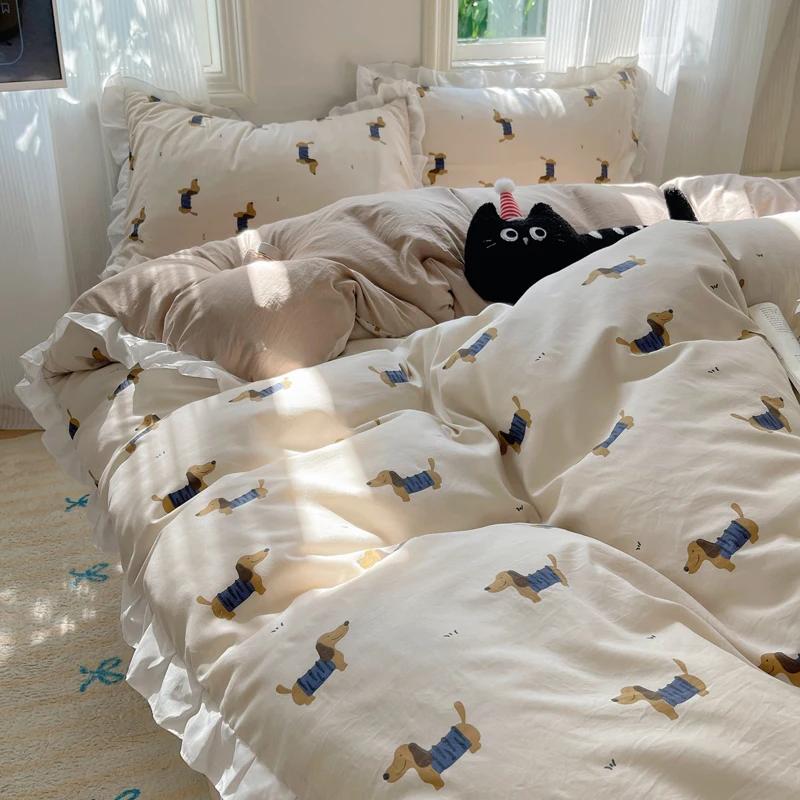 

Blue Floral Ruffle Duvet Cover Set Queen Flower Leaf Comforter Covers 4Pcs Soft Luxury Pastoral Garden Washed Cotton Bedding Set Flat Bed Sheet&Cover 150x200cm 4pcs