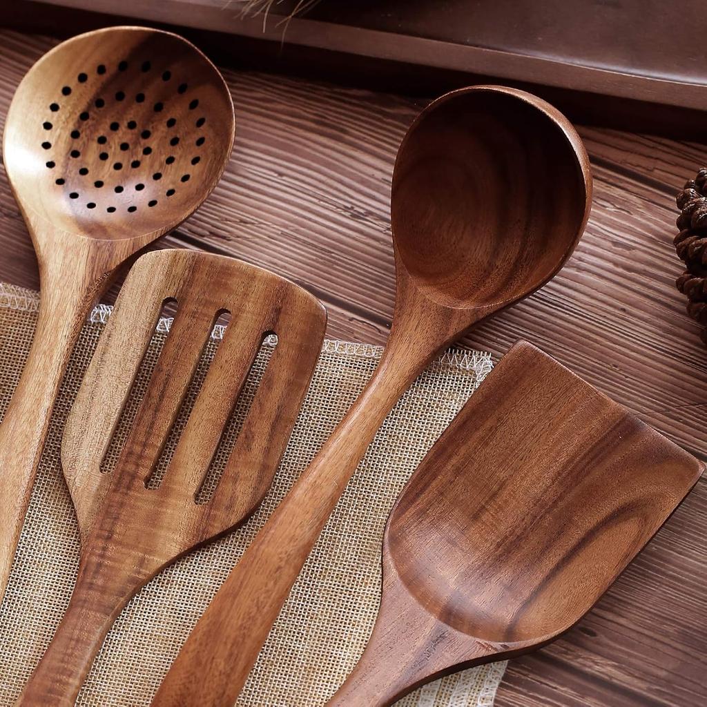 Wooden Cookware, Teak Cookware Non-stick Cookware Wooden Spoon Cookware, Natural Teak 100% Handmade, Without Any Lacquer Kitchen Wooden Utensil Set 5