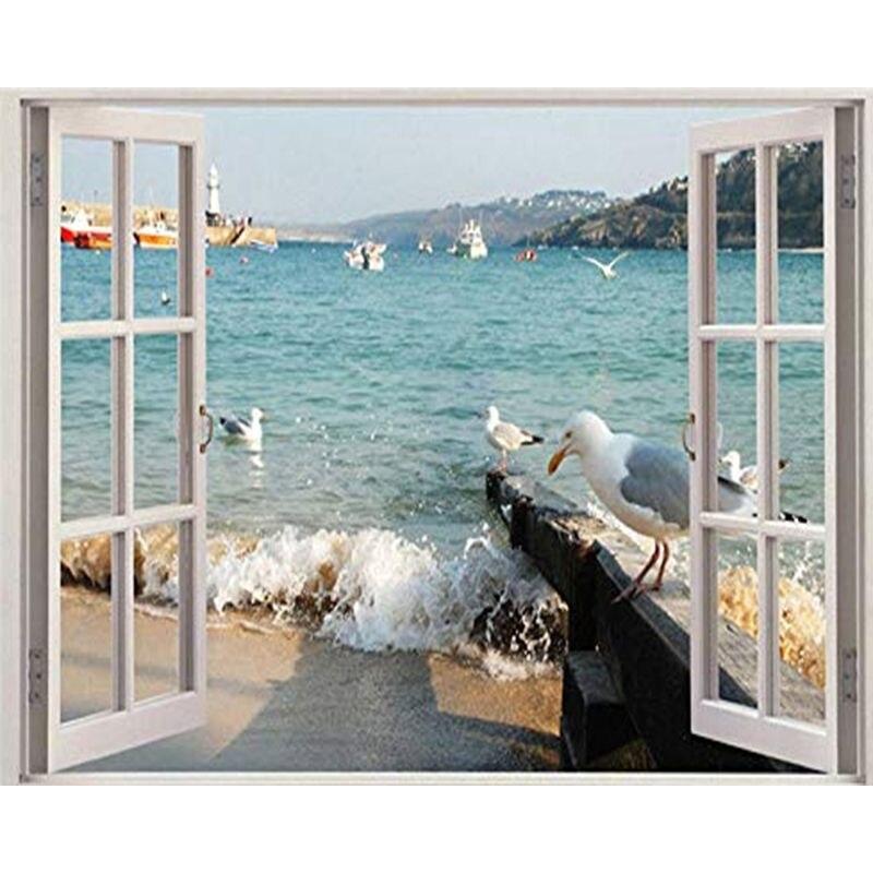 5D Full Drill Round Diamond Painting Window Seaside Landscape Embroidery Sale Rhinestones Mosaic Wall Art 40x50cm