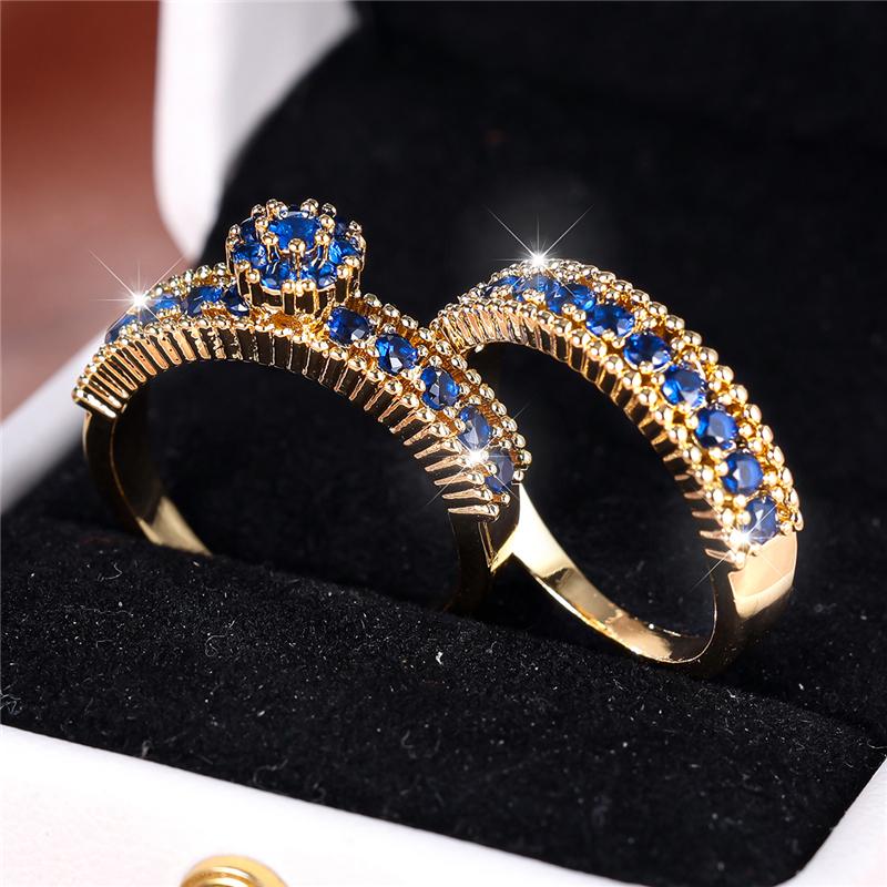 Luxury Female Blue Zircon Stone Engagement Ring Set Cute Yellow Gold Color Wedding  For Women