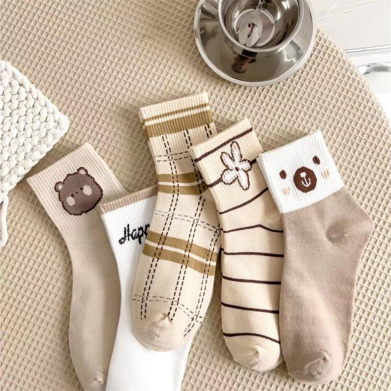 Womens Mid-Calf Cotton Blend Socks With Bear Print Casual Stripe Design Collection 168N Knit Breathable Everyday Wear Youth Adults Women s Mid-Calf Socks Coffee Brown Bear Design