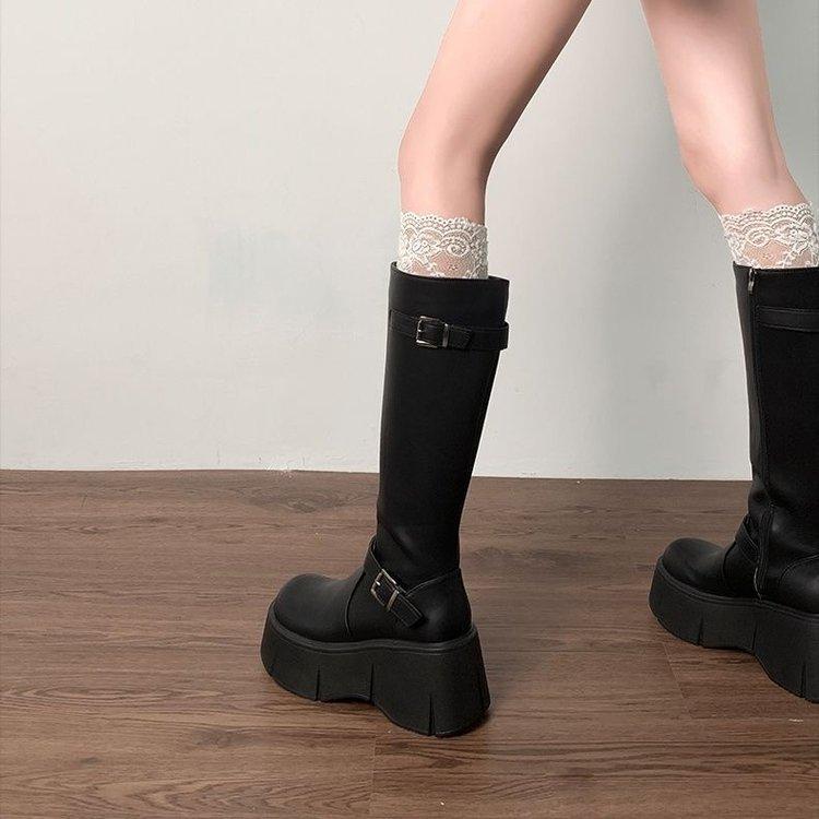 Long tube boots for women 2026 new spring/summer retro French thick soled black knight boots for women
