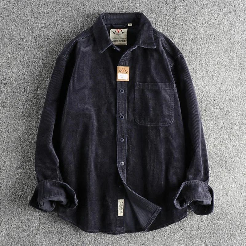 Solid Color Corduroy Vintage Shirt Men Spring Fashion Simple Basic Long Sleeve Blouse America Style Coats