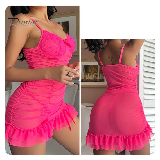 2 Pcs/Set Nightdress Panties Set Spaghetti Strap Backless Sleeveless Nightwear Pleated Transparent Mesh Bow Ruffle Dress Sleepwear Set G-string Set