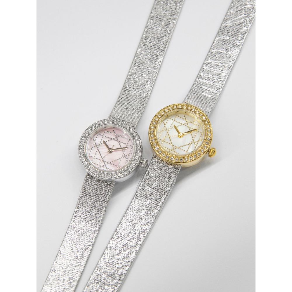 Round Quartz Watch For Women Rhinestone Bezel Geometric Line Dial Textured Mesh Strap Elegant Daily Waterproof Wristwatch