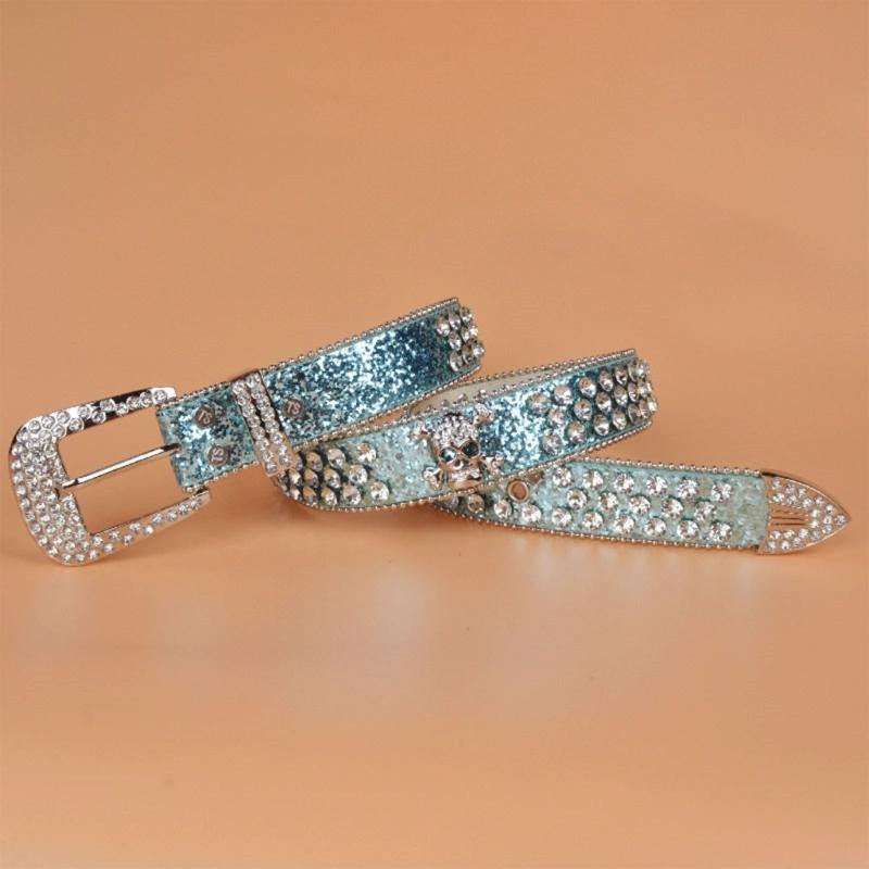 Steampunk Rhinestone Belt Women Waist Belt Western Cowgirl Skull Studded PU Leather Belt for Teenager Girl Female Male