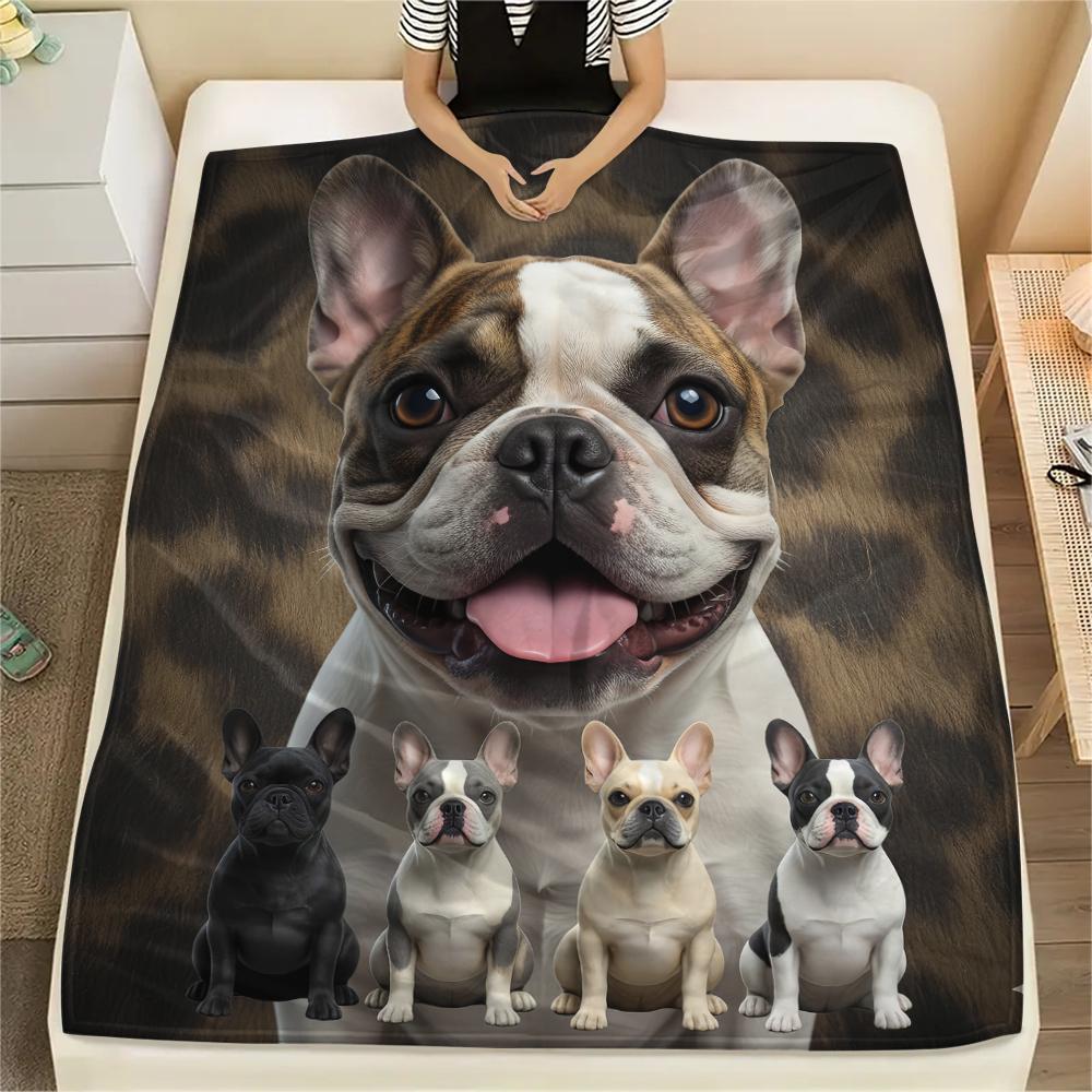 1Pc French Bulldog Print Flannel Blanket, High quality Comfortable for All Seasons, Home Decor, Warmth and Comfort, Perfect for Gifts