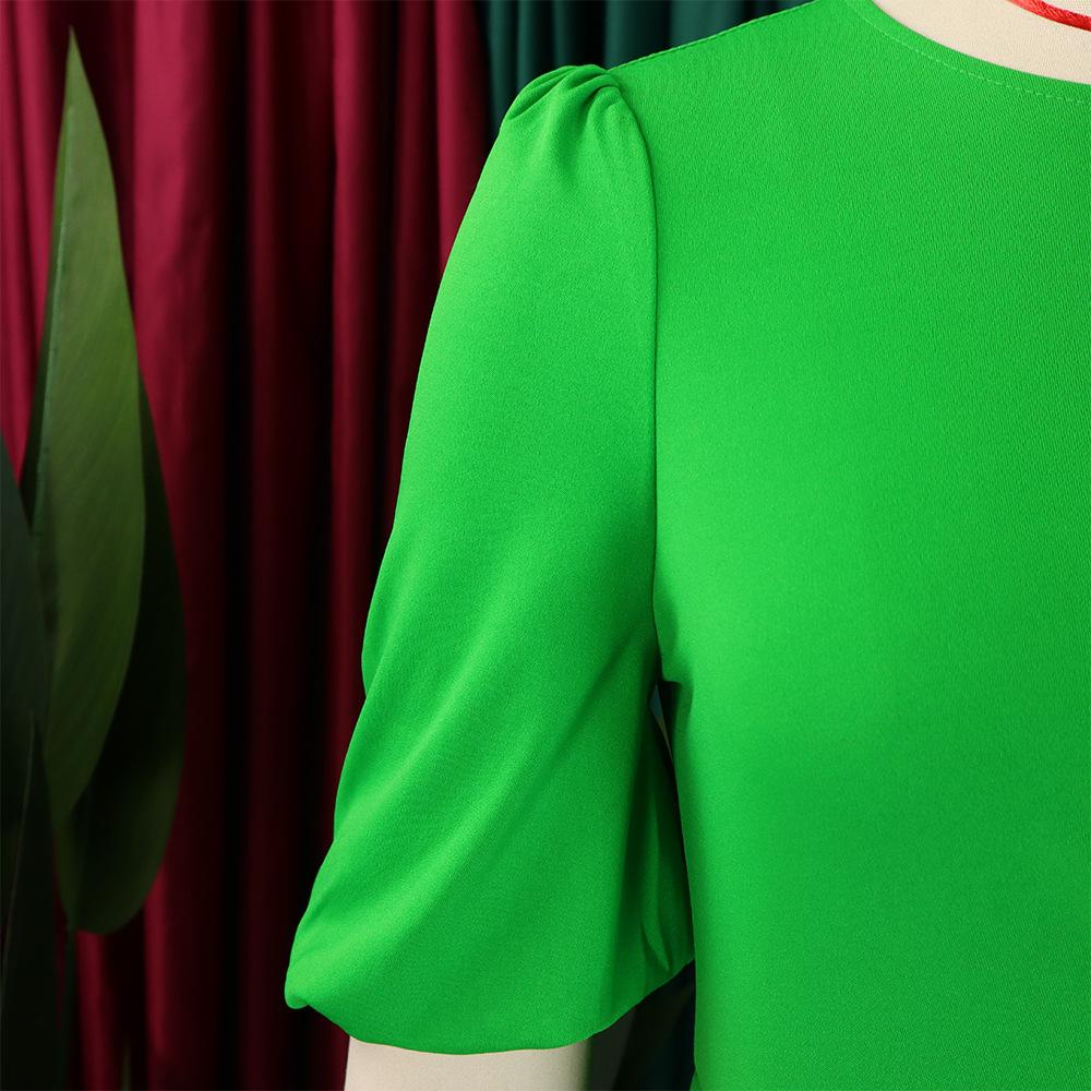 Summer Women's Dress Plus Size Solid Color Round Neck Bubble Sleeve Slim Waist Dresses