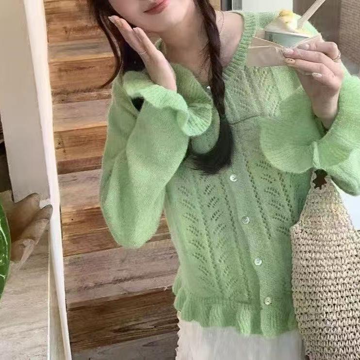 Spring 2026 Women's Gentle Hollow Knit Cardigan with Sweet Lace Hem