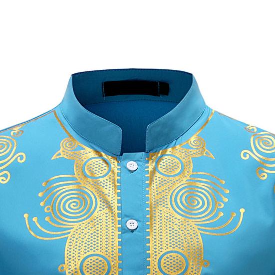 Camisa masculina primavera outono estilo étnico gola alta botões decote manga comprida pulôver tops estampa frente costas baixas camisa alta