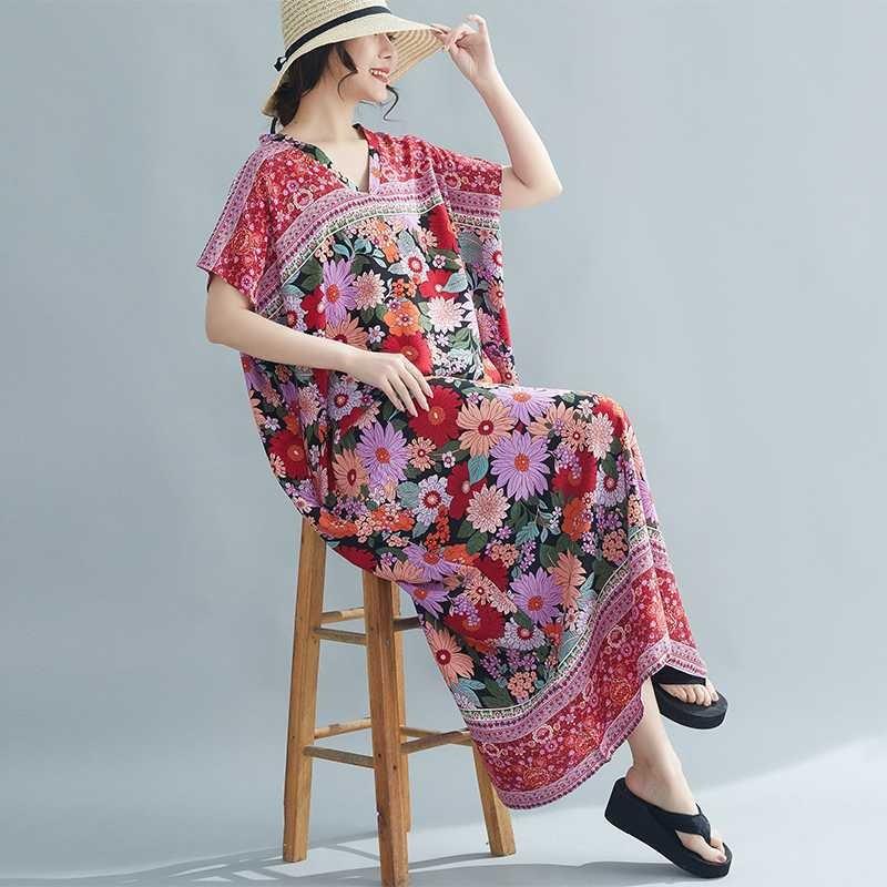 Women's Summer Boho V-Neck Maxi Dress C Flowy Vintage Print Rayon Caftan, Loose Fit Beach Cover-Up