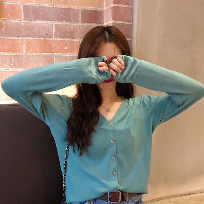 Spring and Autumn Thin Women's Knitwear Short Cardigan Western Style V-Neck Versatile Long Sleeve Top