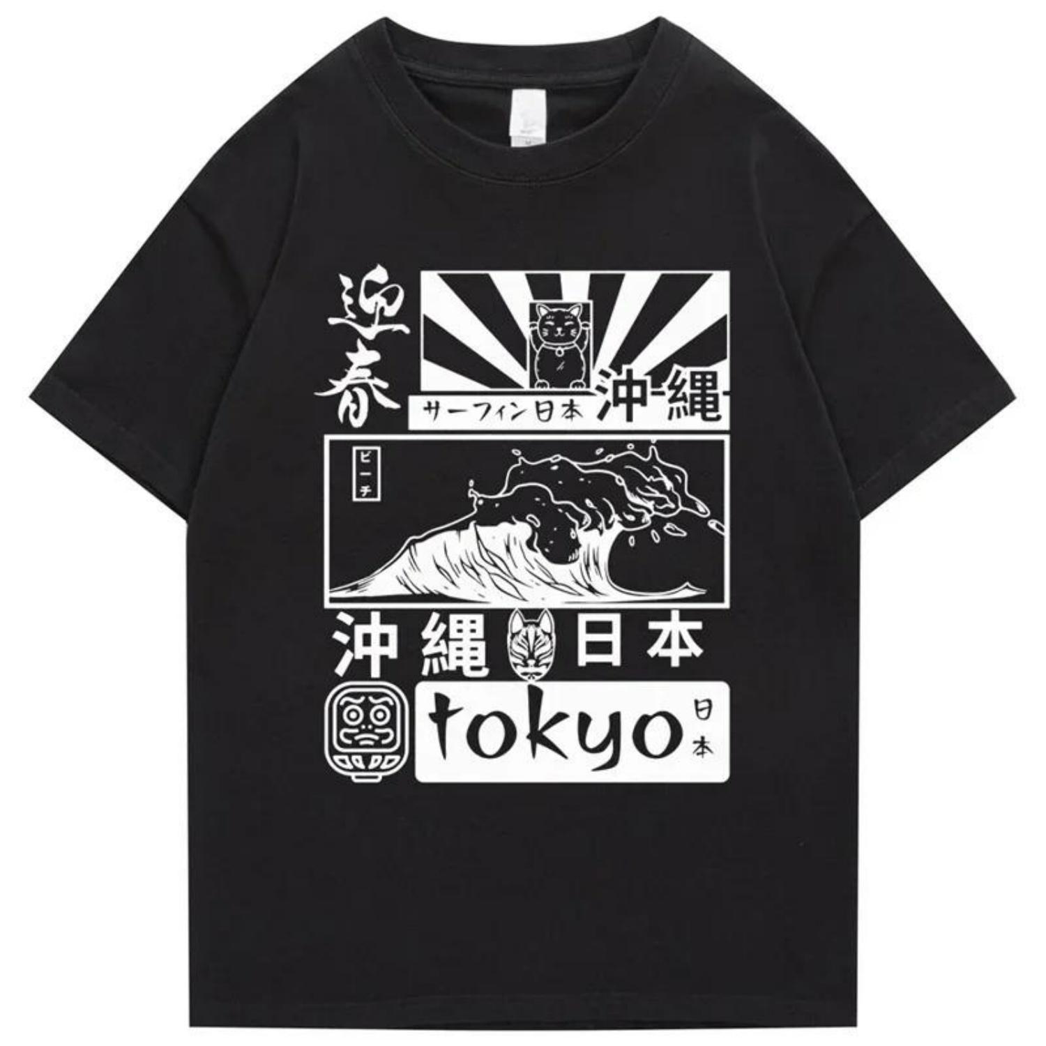 

2025 Men s Japanese Retro Tokyo Wave Pattern Printed 100% Pure Cotton Hip-hop Short-sleeved T-shirt Street Painting Clothing S