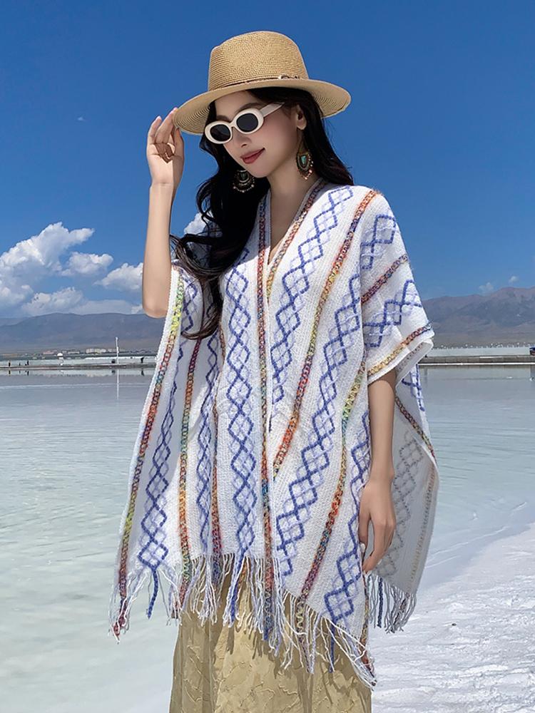 Winter Women Scarf Layers Poncho Elegant Lady White Striped Plaid Tassel Wraps Shawl Warm Scarve Capa Para Mujer Pashmina Cloak