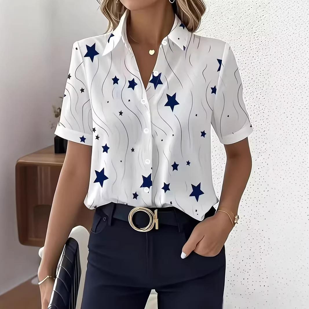 Amazon cross-border spring/summer new shirt, elegant French vintage print, lapel short-sleeve elegant shirt for women S
