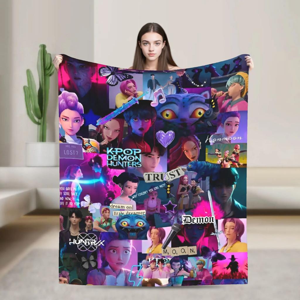 Kpop Demons Huntrix Hunters Flannel Throw Blanket Rumi Mira Joey Creative Bedspread Rug xcm Soft Cozy