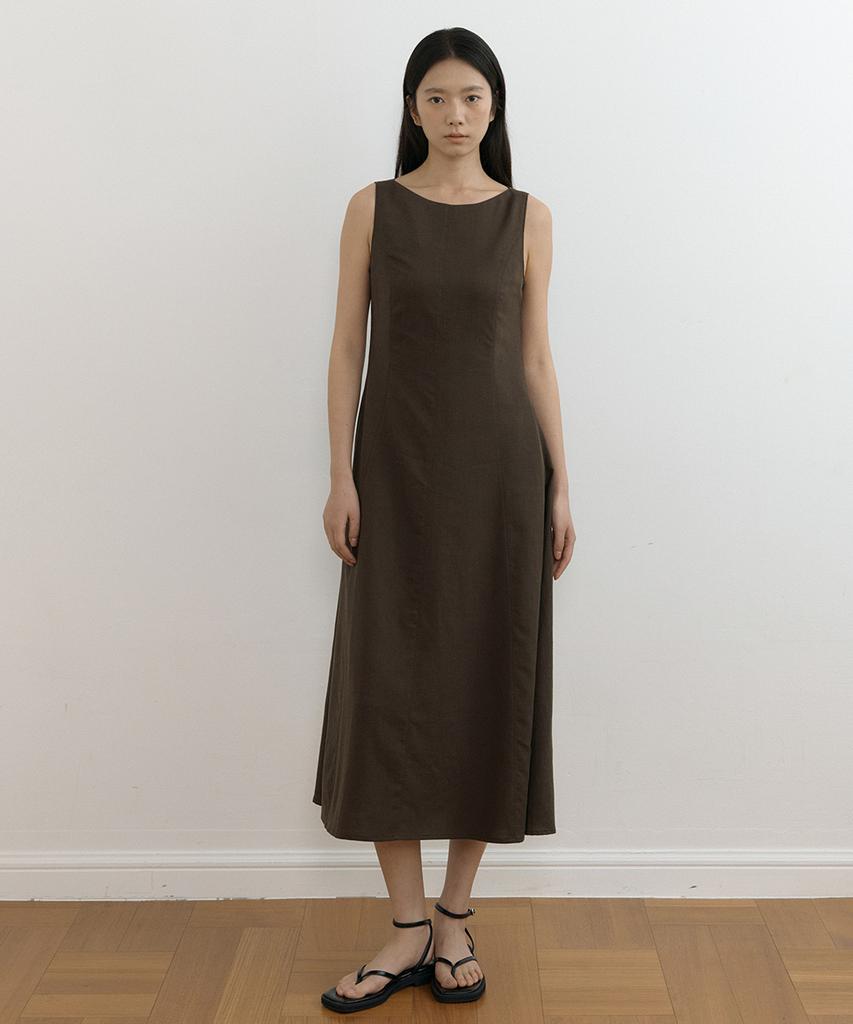 Lingseoul Linen Sleeveless Boat Neck Long Flare Dress-Brown