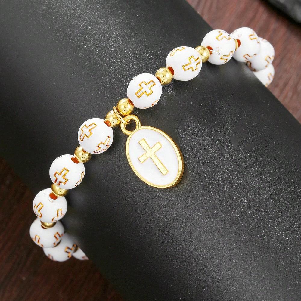 Black And White Cross Beaded Bracelet, Suitable For Couples, Gifts, Or Friendship.