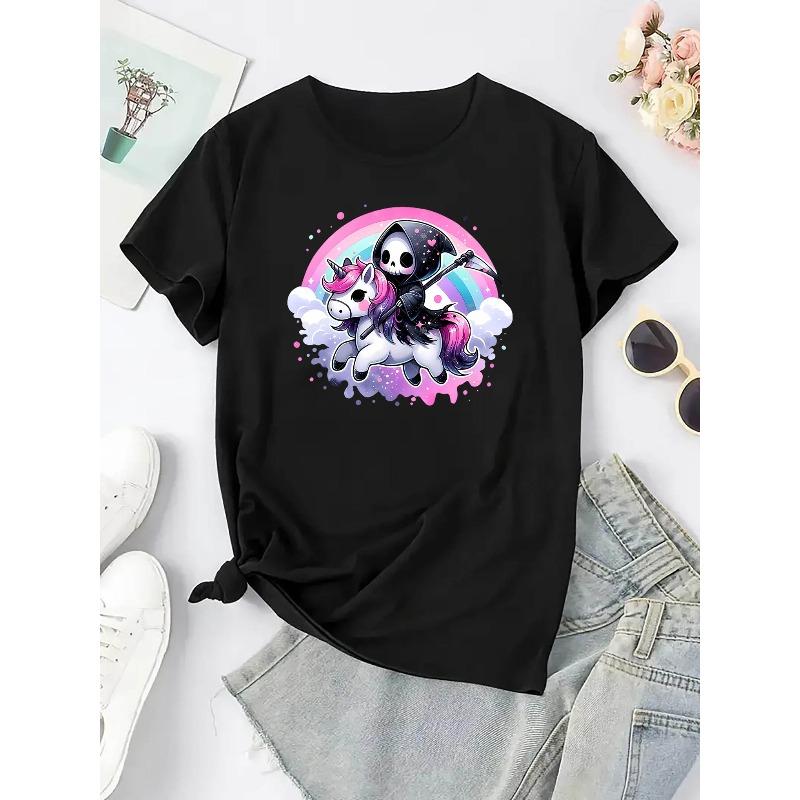 European Sizes Women'S Unicorn Graphic Tee - Stylish Casual Round Neck Short Sleeve T-Shirt with Whimsical Death Design