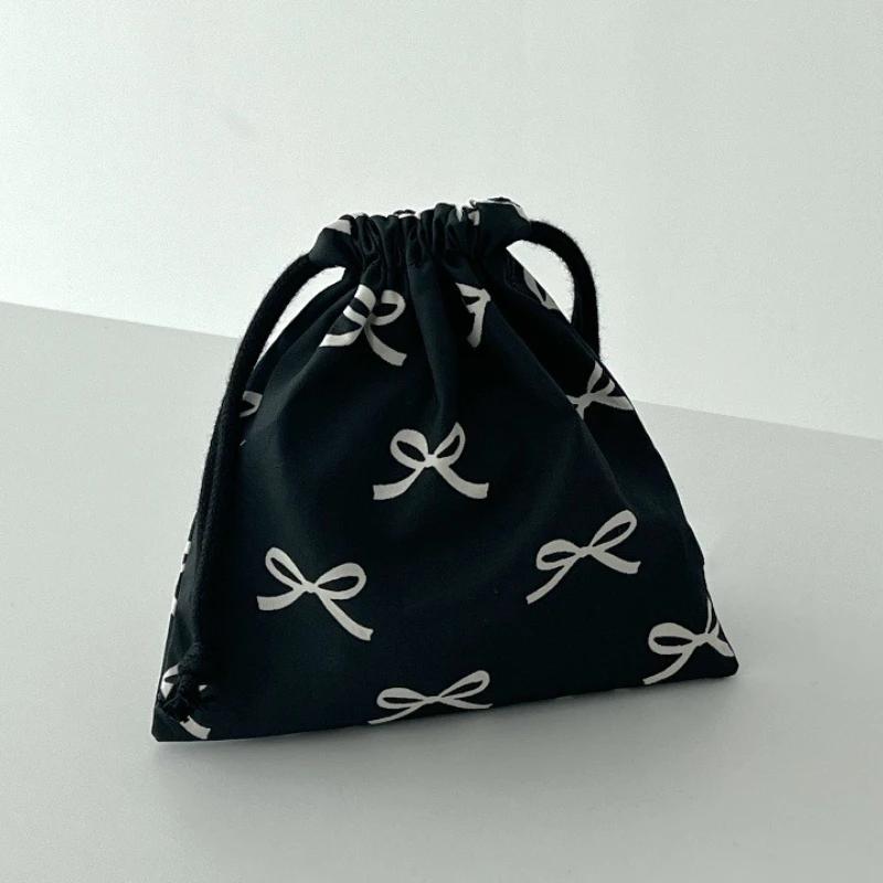 Bow Printed Mini Drawstring Bag Cosmetic Organizer Sweet Storage Pouch for Women Girls