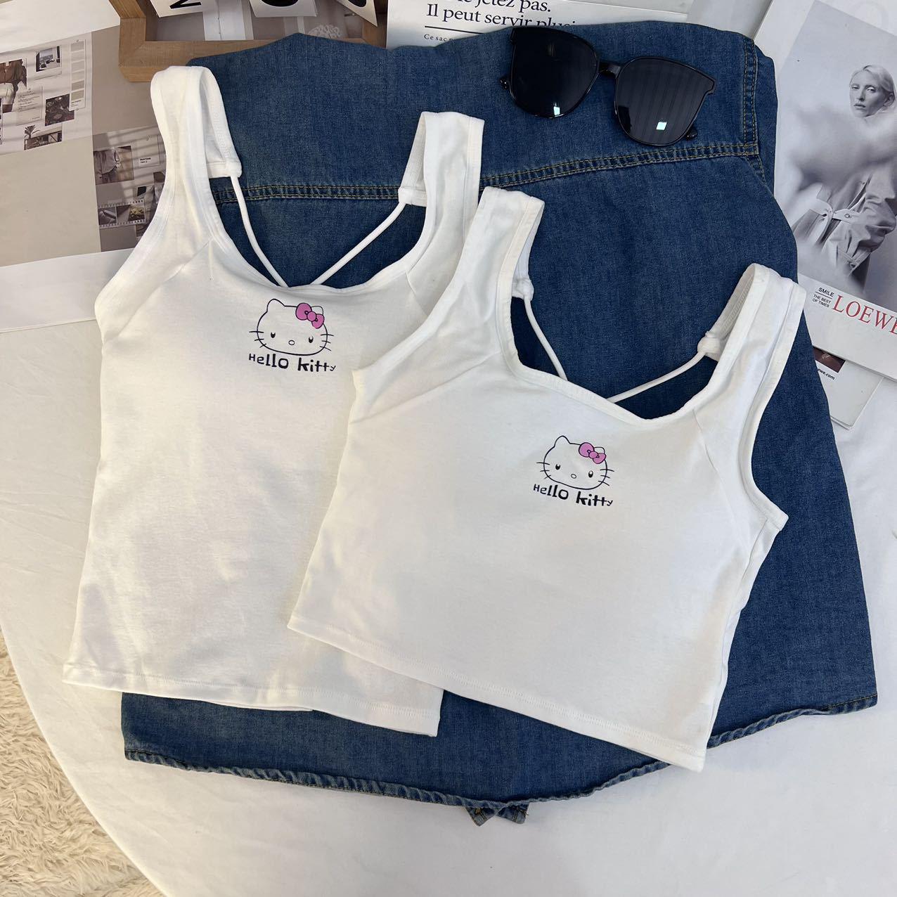 Hello Kitty Criss-Cross Back Strappy Tank Top with Chest Pads - Women s Slimming Backless Hollow Style One Size