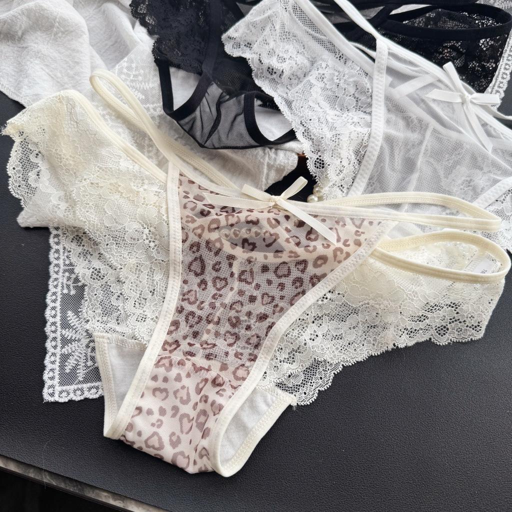 Lady Summer Sexy Lace Edge Leopard Print Mesh Low Waist Triangle Briefs