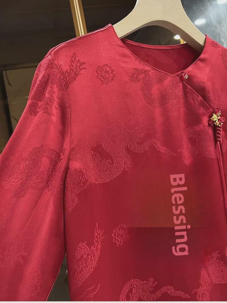 2024 Festive Red Chinese-Style Jacquard Dragon Top for Women
