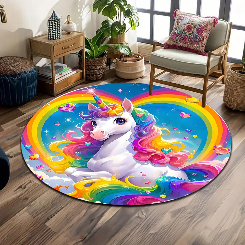 Rainbow Unicorn with Hearts Print round rug, living room, bedroom, playroom carpet, non slip floor mat, gift