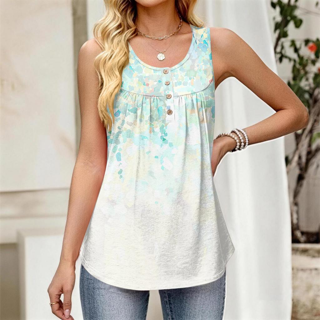 Top Gilet da Donna Nuovo alla Moda Retro Floreale a Strisce Stampa Texturizzata Girocollo Largo Casual Senza Maniche con Bottoni