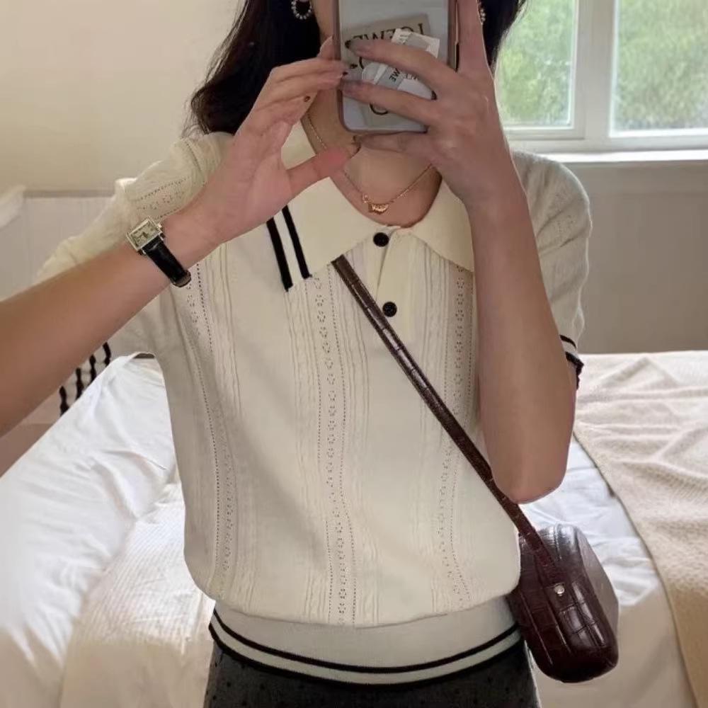 Suéter de punto hueco estilo universitario para mujer Verano 2026 con cuello polo y hombros caídos