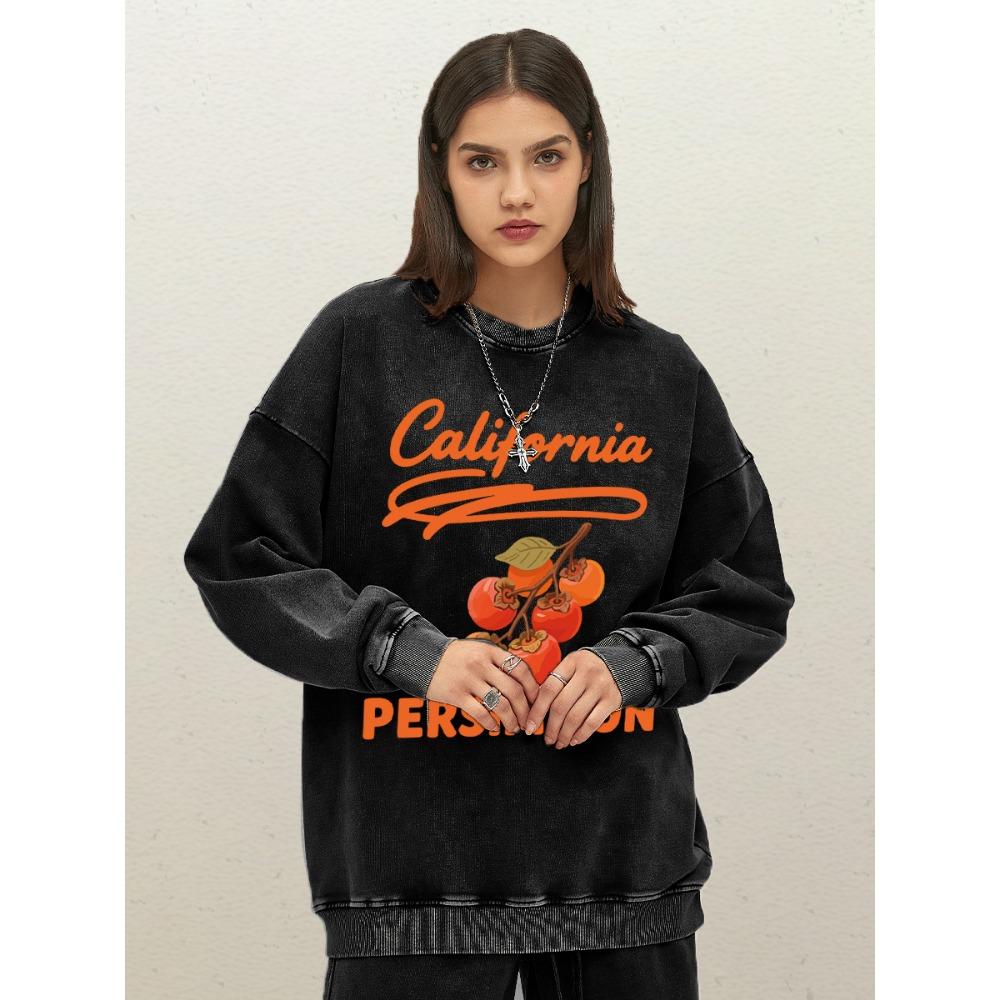 California Persimmon Fruit Art Letter Printed Women Pullovers Loose Cotton Washed Sweatshirt Soft O-Neck Top Autumn