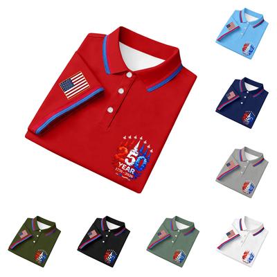 Mens Polo Shirt Short Sleeve Embroidered 250 Year Anniversary Print Flag Patch Classic Collar Casual Top