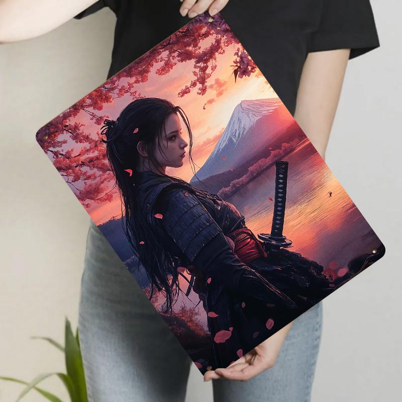 

Samurai Girl in Cherry Blossom with Mount Fuji Scenery Custom Metal Iron Wall Art Decor for Home Office 20x30cm（7.8x11.8inch）