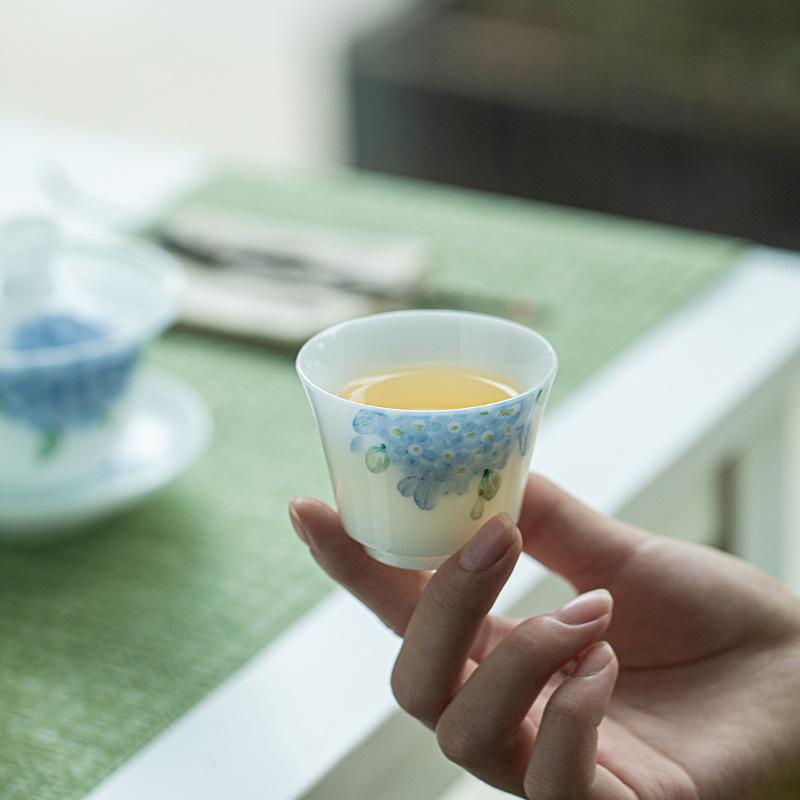 45ML  Jade Porcelain Tea Cup Hand Painted Hydrangea Underglaze High White Gongfu Tea Set Gift