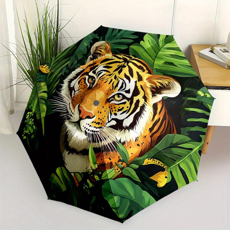 

1pc Tiger in the Jungle Pattern Automatic 3-Fold Umbrella, 8 Iron Frames, High-Value Folding Umbrella, Suitable for Office, Travel and Outdo