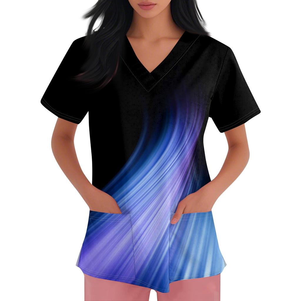 Damen V-Ausschnitt Cartoon-Print Kurzarm Tasche Seitenschlitz Schutzkleidung Oberteil