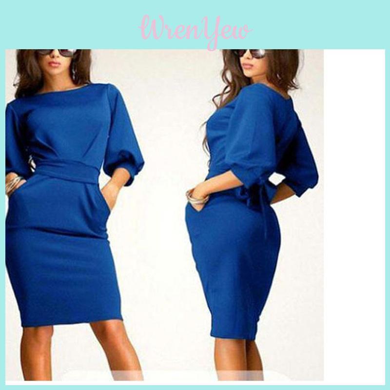 Elegant Women Fashion Sexy Fifth Sleeve Round Neck Pocket Bodycon Cocktail Dress