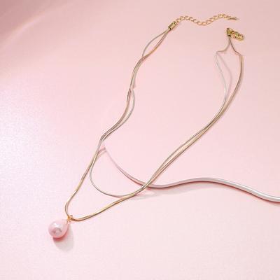 Fashion Double-layer Round Snake Chain Necklace for Women Pink Pearl Pendant Long Sweater Chain Necklace