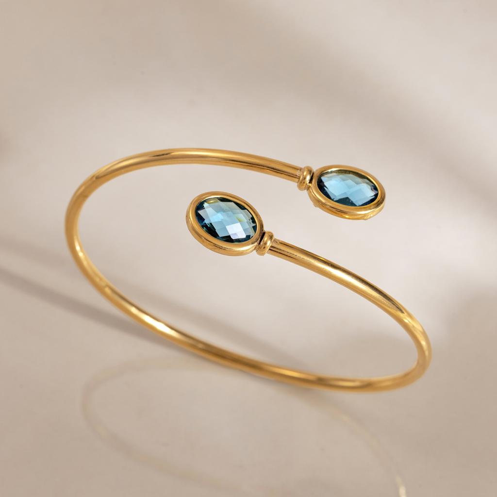J&D 18K Gold Stainless Steel Spring Open Bangle Cuff Blue White CZ Connector Flexible Adjustable Hypoallergenic Dainty